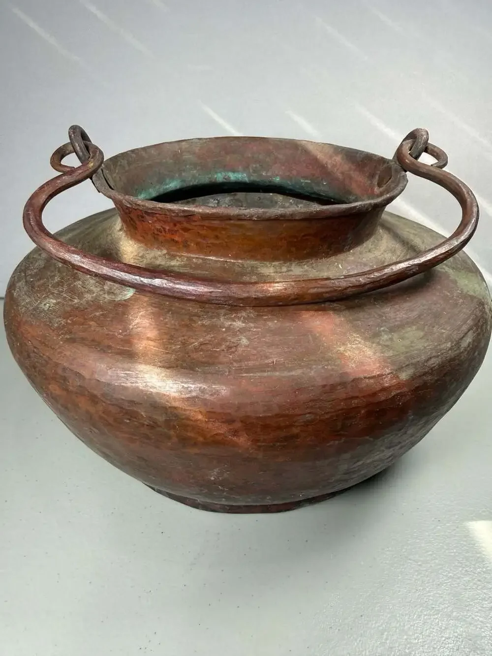 Antique Hand Hammered Copper Pot Cauldron Bail Handle Verdigris Patina Primitive